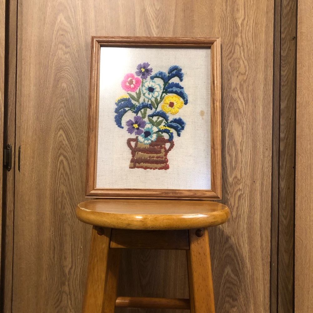 Vintage Floral Embroidery Art - Yellow, Pink, Blue - Picture 2 of 4